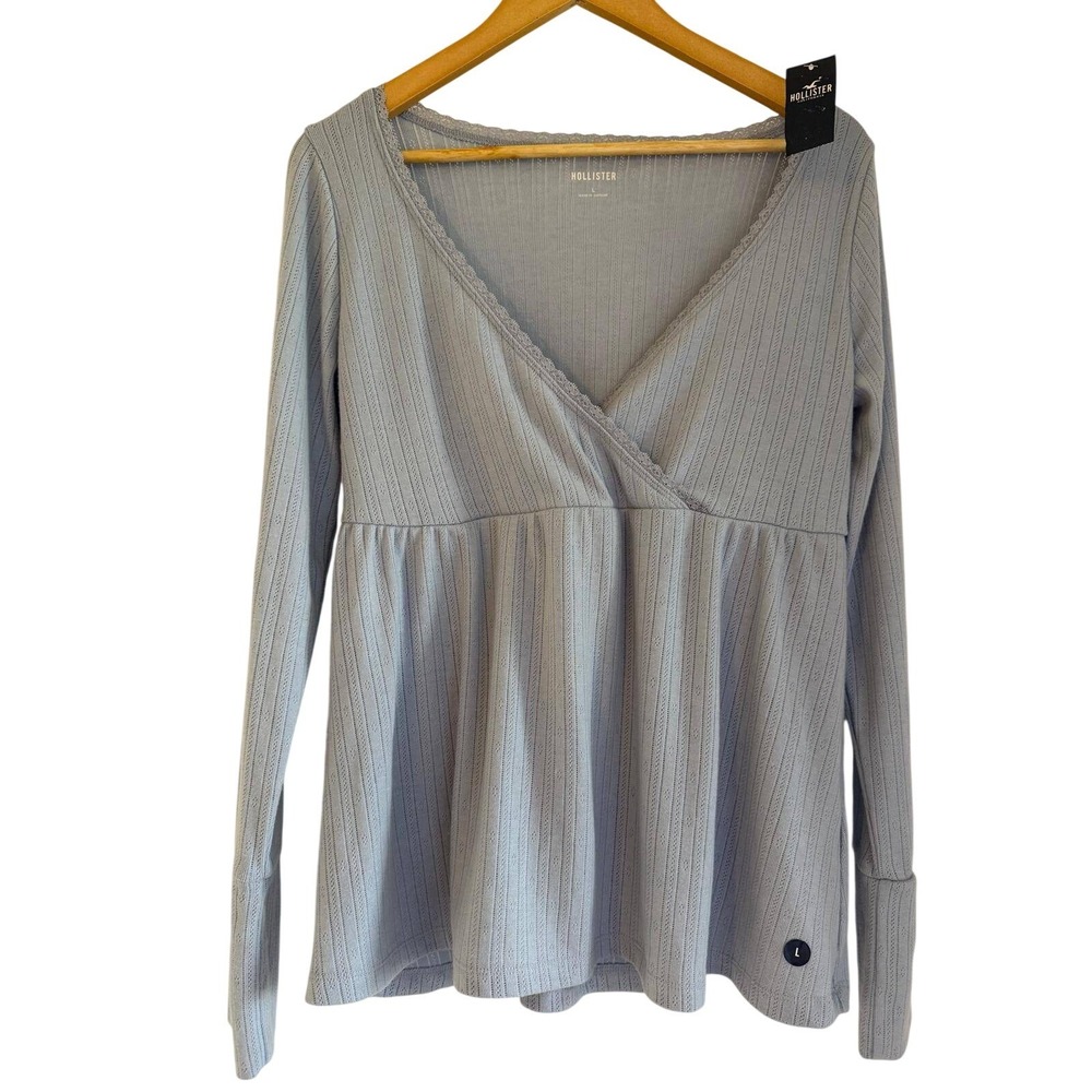 Hollister Womens Blue Pointelle Ribbed Babydoll Long Sleeve Wrap Top Large NWT